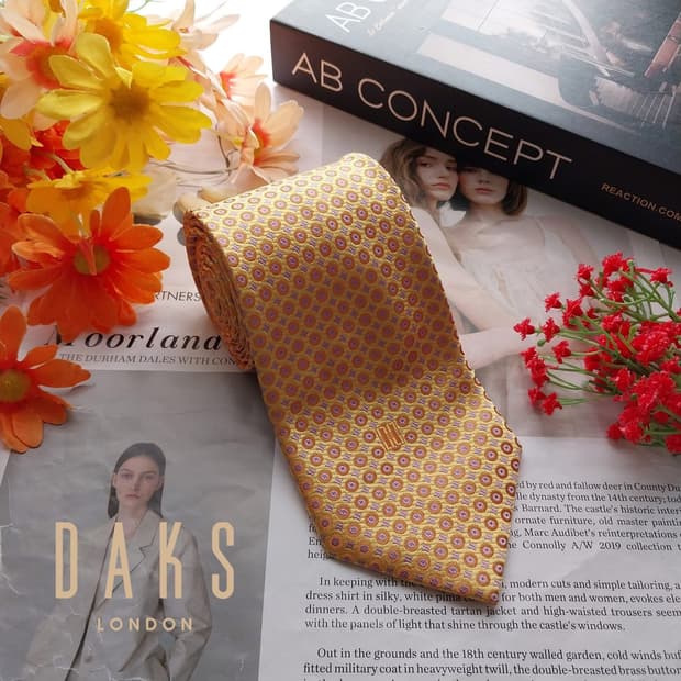닥스 실크 옐로우 오렌지 도트 패턴 넥타이 9.2cm A+등급 K3134