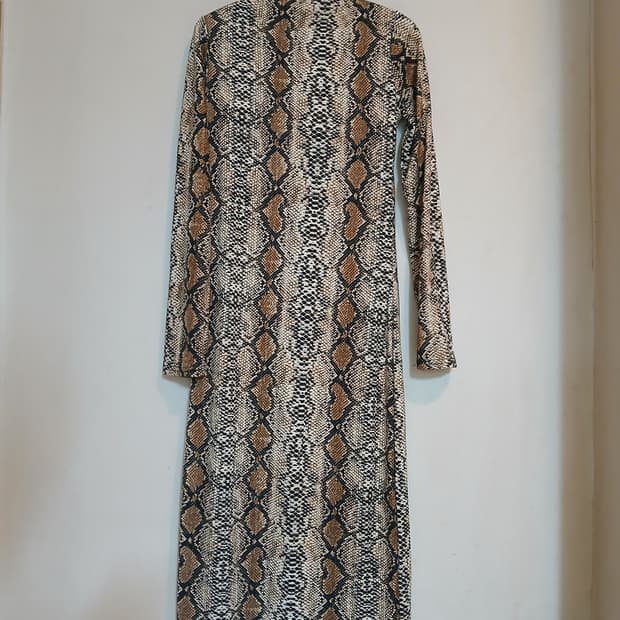 뱀피 무늬 스네이크 패턴 슬리브 롱 원피스 섹시 드레스 파티 코튼 홀복