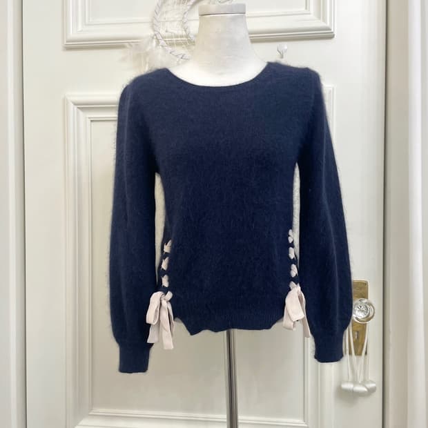 navy angora lovely bow point knit top