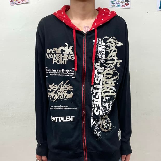 Red Dots Lettering Hooded Zip-Up