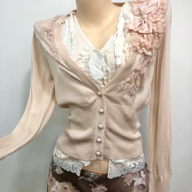 soft pink lace detail ribbon cardigan 