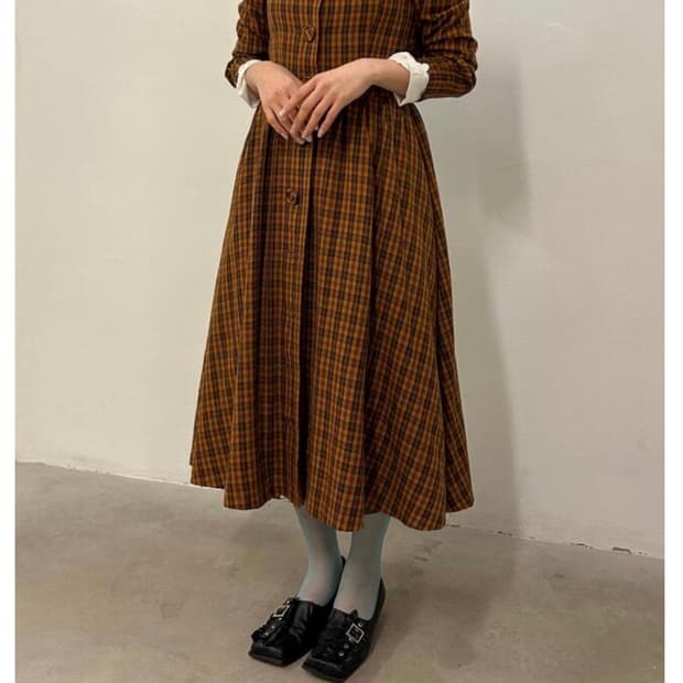 노란 체크 롱 원피