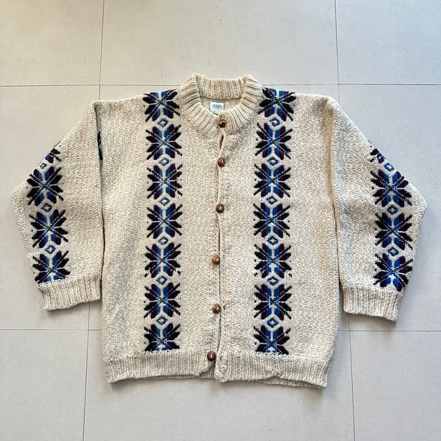 90s 에콰도르산 울 100% 빈티지 에스닉 아즈텍 가디건 코위찬 