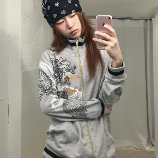빈티지 오리엔탈 용 프린팅 그레이 져지 집업