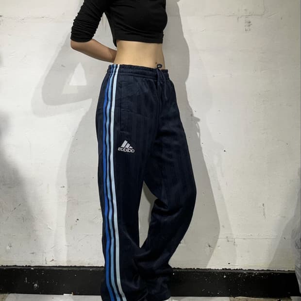 아디다스 네이비 블루 삼선 와이드 트레이닝 팬츠 추리닝 바지 S