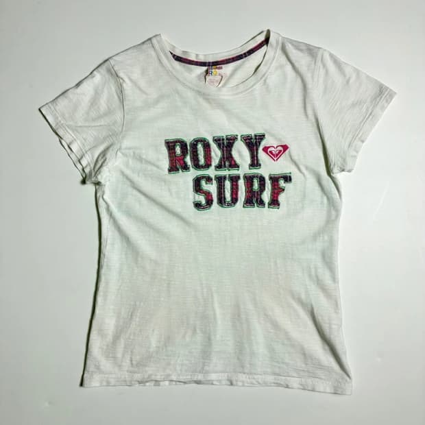 록시 ROXY 체크 자수 로고 화이트 반팔 티셔츠 R2993