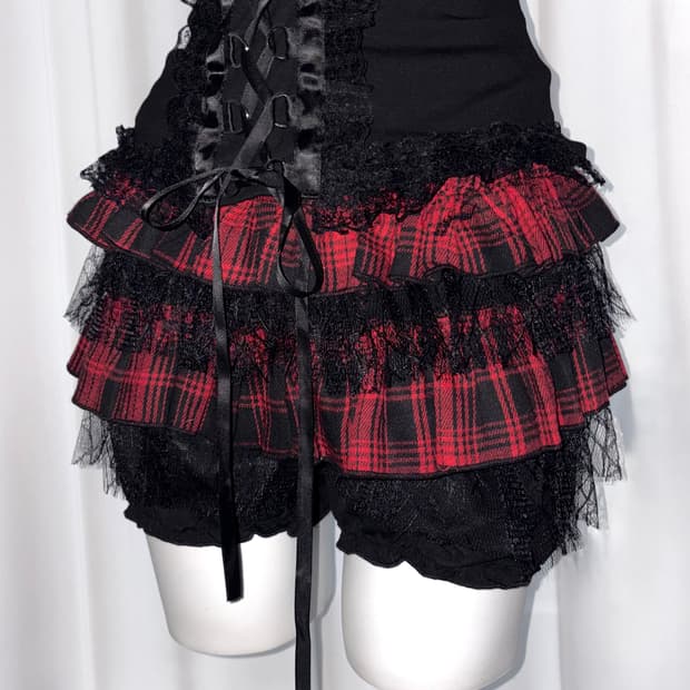 [red roxy] 레드펑크 체크 레이스 프릴 케이크 갸루 나나 스커트