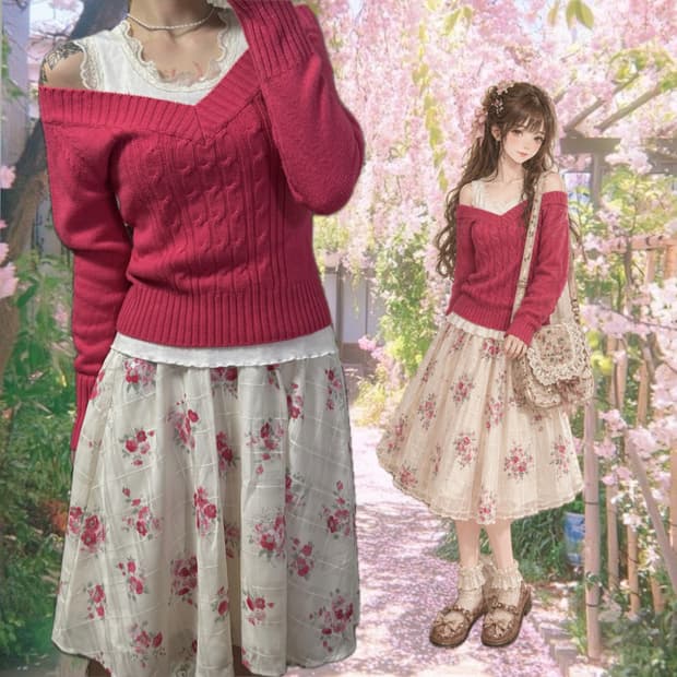 엑시즈팜 택포3개 코디세트 오프숄더니트+레이스나시+스커트