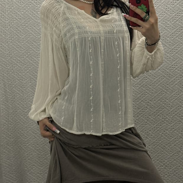 빈티지 재팬 산토리니 클린걸 모리 린넨 여리핏 긴팔티 K0502