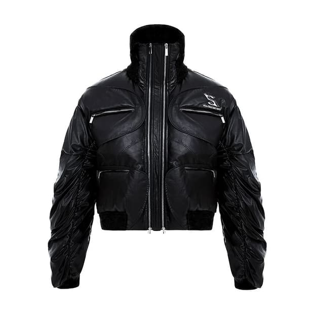 하이넥 크롭 레더 패딩 자켓