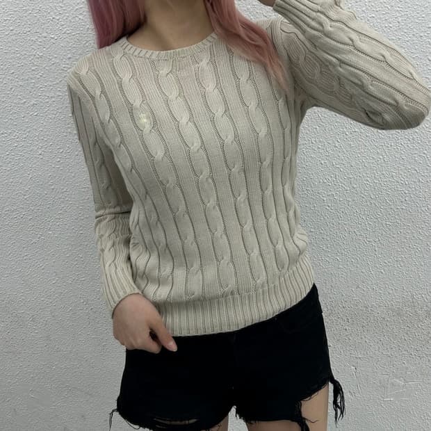 폴로 랄프로렌 화이트포니 라이트베이지 꽈배기 니트 S