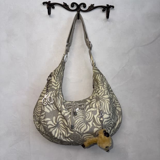 Kipling ash beige flower ribbon hobo bag