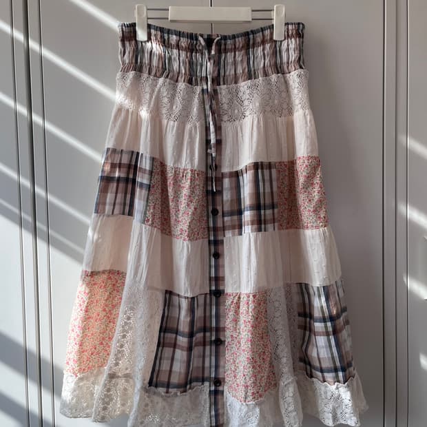 Vintage 모리걸 사각 패치 잔꽃 레이스 스커트