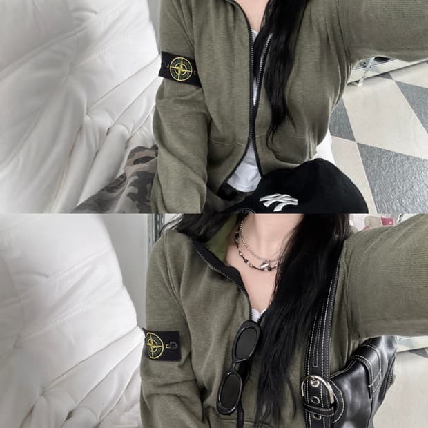 스톤아일랜드 와펜 나일론 배색 니트 후드집업 