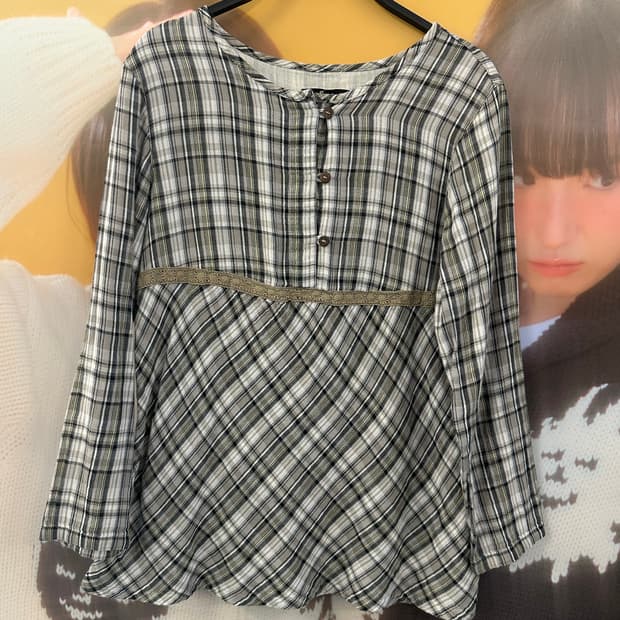 VINTAGE 빈티지 그린체크 모리 블라우스
