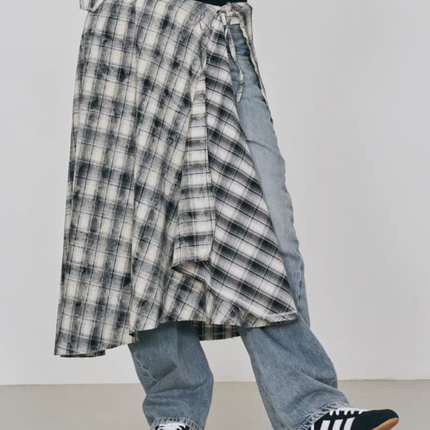 디어마이디어 체크 드레이프 프린지 랩 스커트 + 후디드 머플러