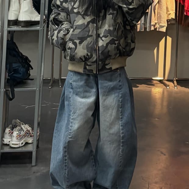 빈티지 카모 퍼 후드패딩 자켓 A3160