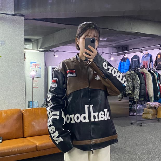 말보로 패치워크 브라운 배색 레더 레이싱 자켓 B3718