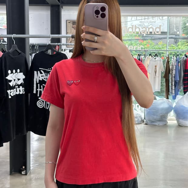 꼼데가르송 플레이 더블하트 반팔티 레드
