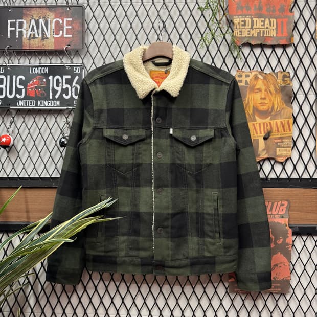 리바이스 타입 3 프리미엄 체크 쉐르파 트러커 자켓 그린