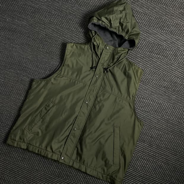 빈티지 립스탑 나일론 기모 후드 베스트 카키 y 4770