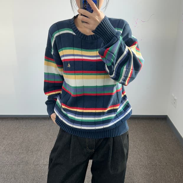 Beanpole 빈폴 옐로우 로고 스트라이프 니트