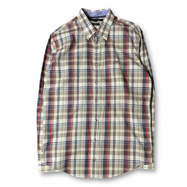 타미힐피거 빈티지 브라운 멀티 배색 체크 긴팔 셔츠 슬림핏 L