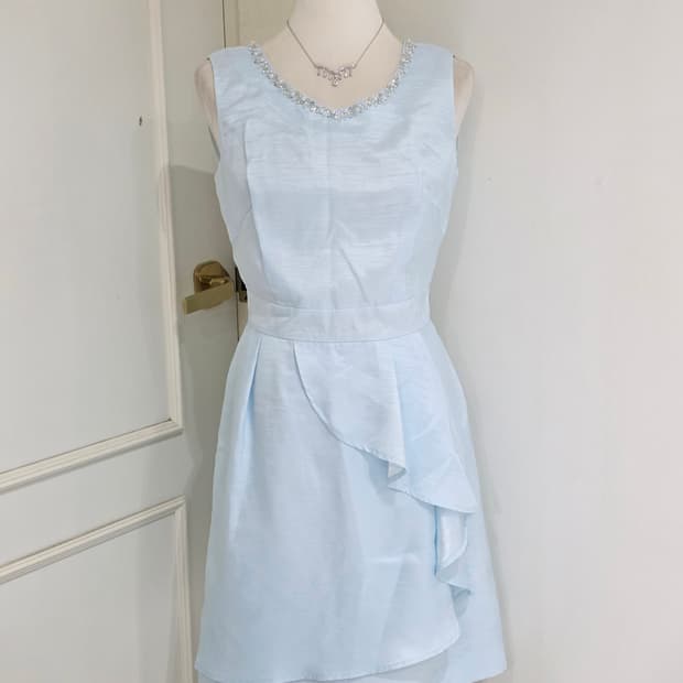 일본빈티지)베이비블루 히메갸루 비즈새틴러플미니원피스핀터깔파티댄스연주회대회