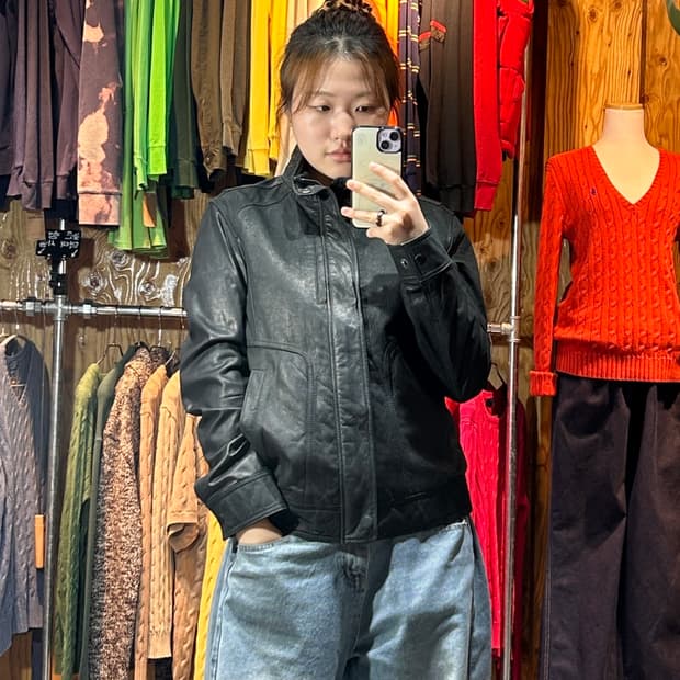 S 하이넥 워시드 블랙 레더자켓