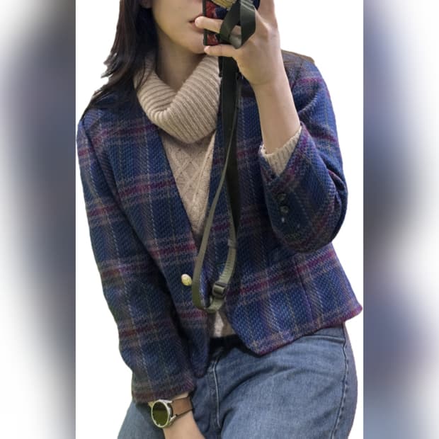 일본 빈티지 여성용 체크 트위드 울 자켓
