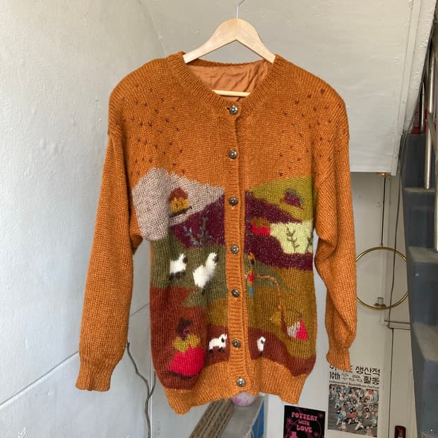 빈티지 브라운 패턴 오버핏 가디건