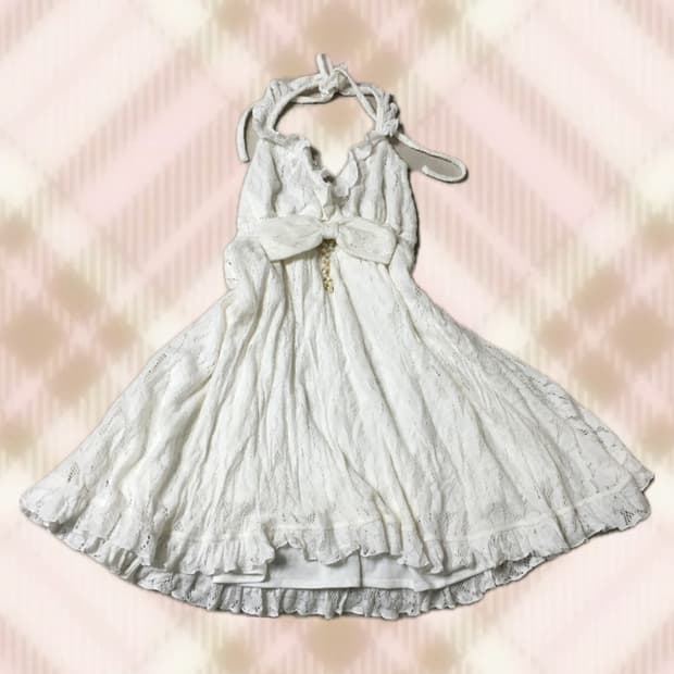 트랄라라 화이트 진주 리본 홀터 원피스 라떼 히메 갸루 러블리 리즈리사