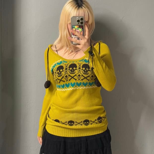 빈티지 해골 퐁퐁이 니트 후디