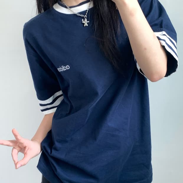 Adidas 올드아디다스 네이비 3-스트라이프 티셔츠 