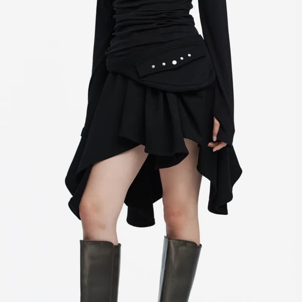 러프넥 포켓 드레이프 스커트 