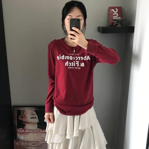 아베크롬비 중앙 자수로고 버건디 롱슬리브티