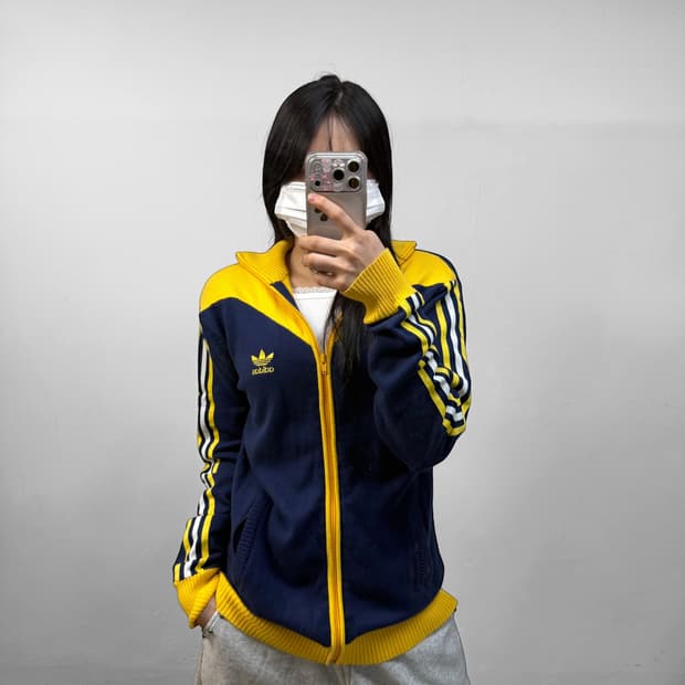 아디다스 불꽃 로고 니트 트랙탑 네이비 옐로우