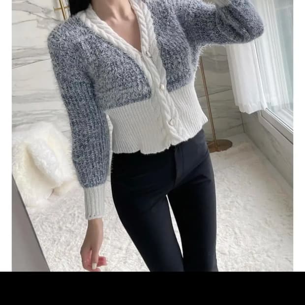 배색 니트 가디건 크롭 스타일  f  두툼