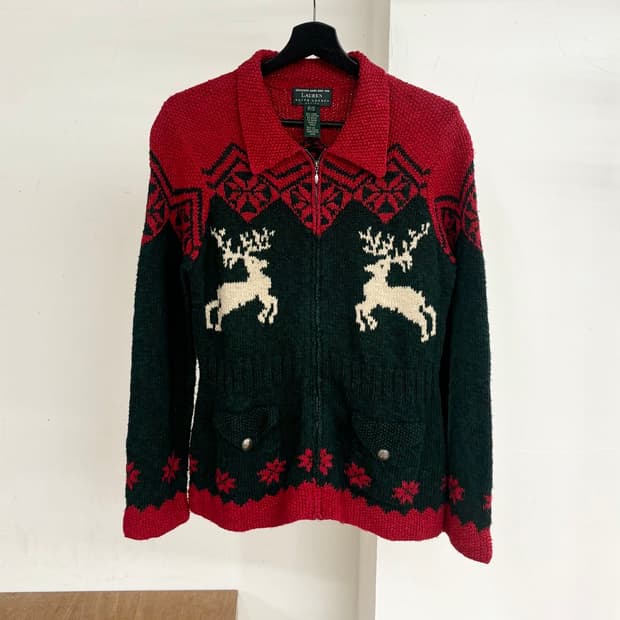 로렌 랄프로렌 레드 그린 핸드 니트 집업