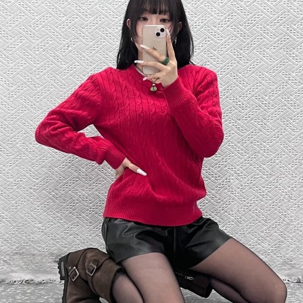 앤더슨벨 빈티지 캐주얼 딥레드 꽈배기 케이블 니트 M C10956