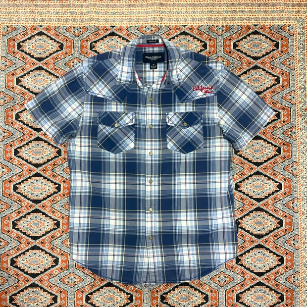 후아유 블루 타탄체크 웨스턴 반팔셔츠 남성M