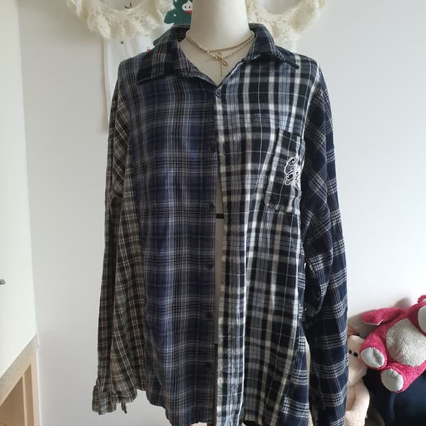 [모리걸] 배색 패치워크 체크 남방 셔츠