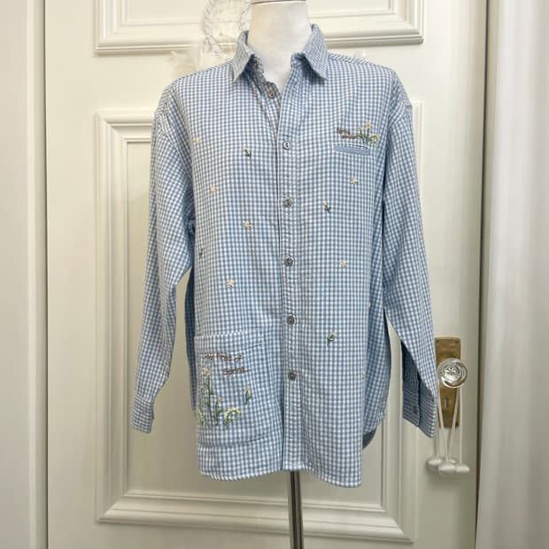 blue gingham check flower embroidery shi