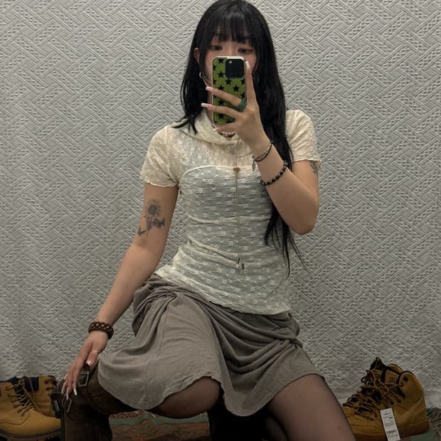 스컬프터 빈티지 크링클 시스루 플라워 패턴 후드티 K0318