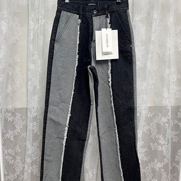 S) 새상품 시티브리즈 컷팅 배색 와이드 데님팬츠 블랙