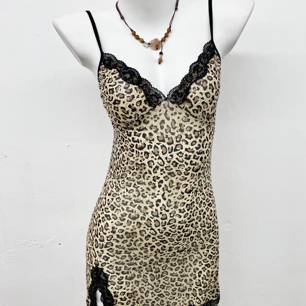 갸루 레오파드 메쉬 레이스 슬립