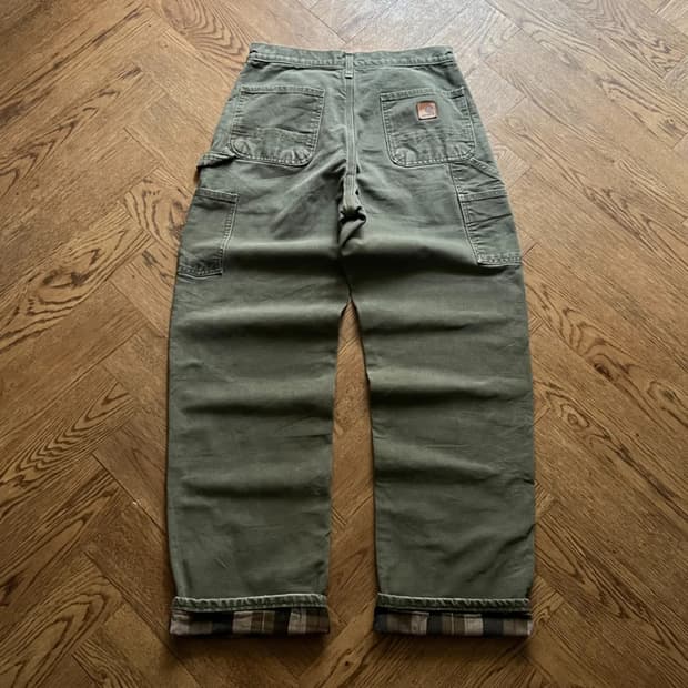 [30]칼하트 USA 덩가리핏 체크 라이닝 모스그린 카펜터 워크팬츠 M9