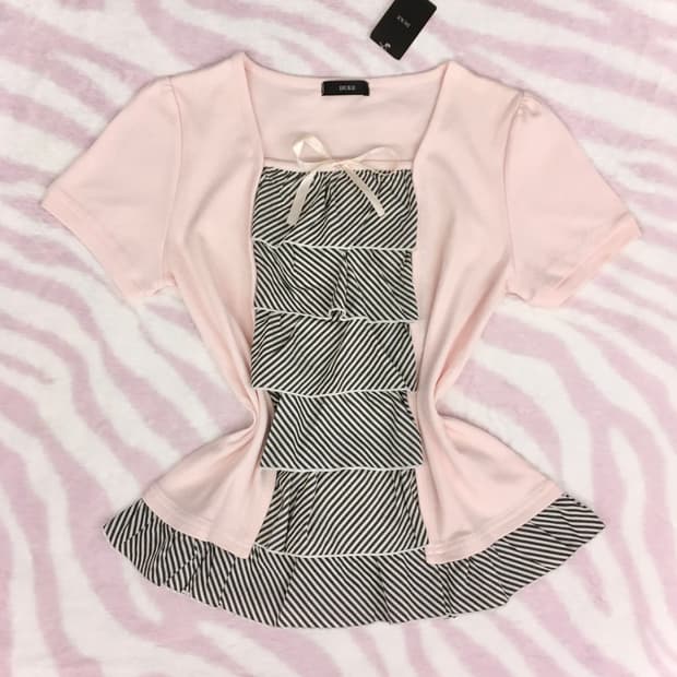 핑크 스트라이프 프릴 리본 로걀탑 히메갸루 러블리 블라우스