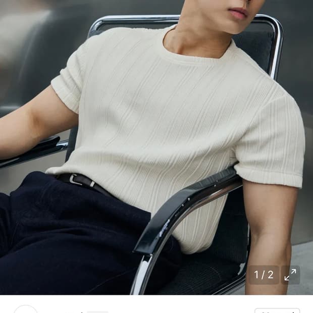 (XL)드로우핏 만재 콜라보 리브드 라운드 하프 티셔츠 IVORY 반팔