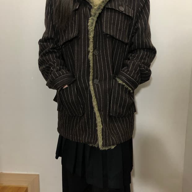 빈티지 브라운 스트라이프 울 자켓